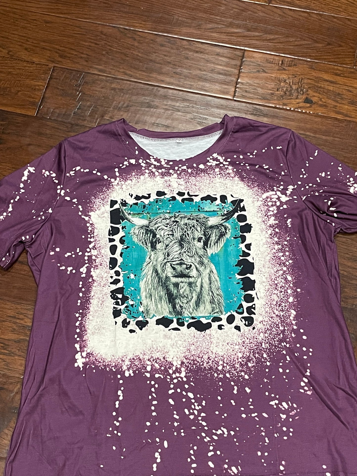 Purple/Turquoise Highland Cow Faux Bleached tee
