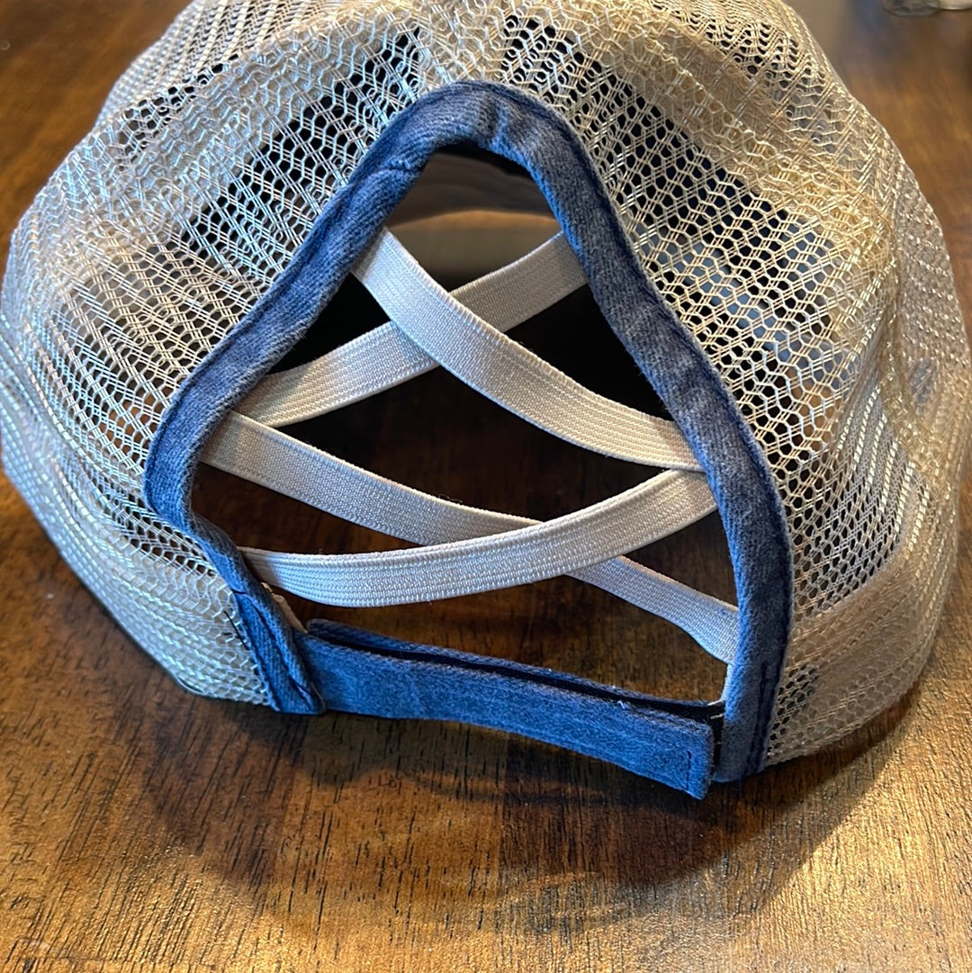 Brush Off The Haters Denim Distressed Ponytail Trucker Cap