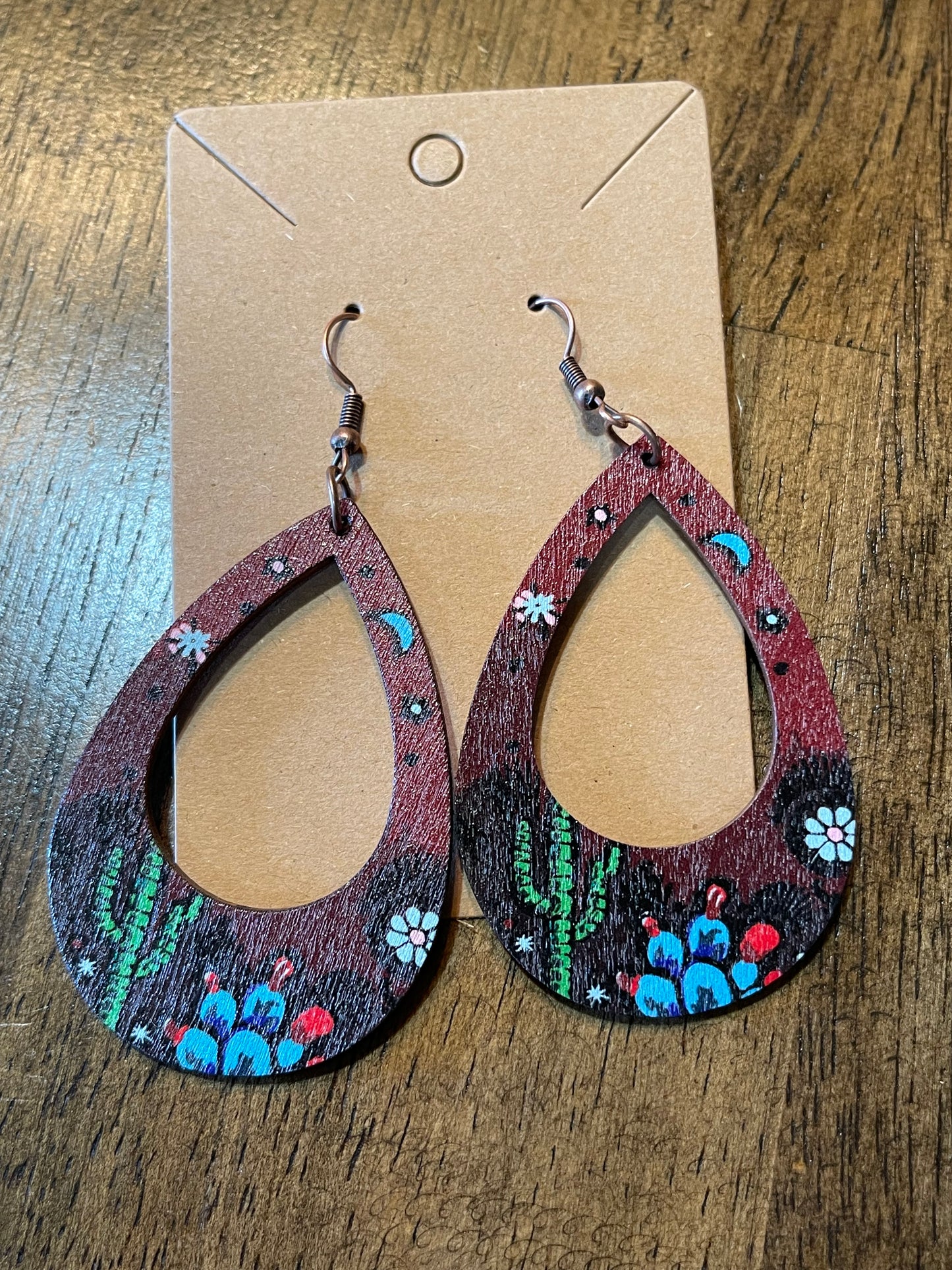 Wood Dangle Earrings with Cactus Bronze Finish