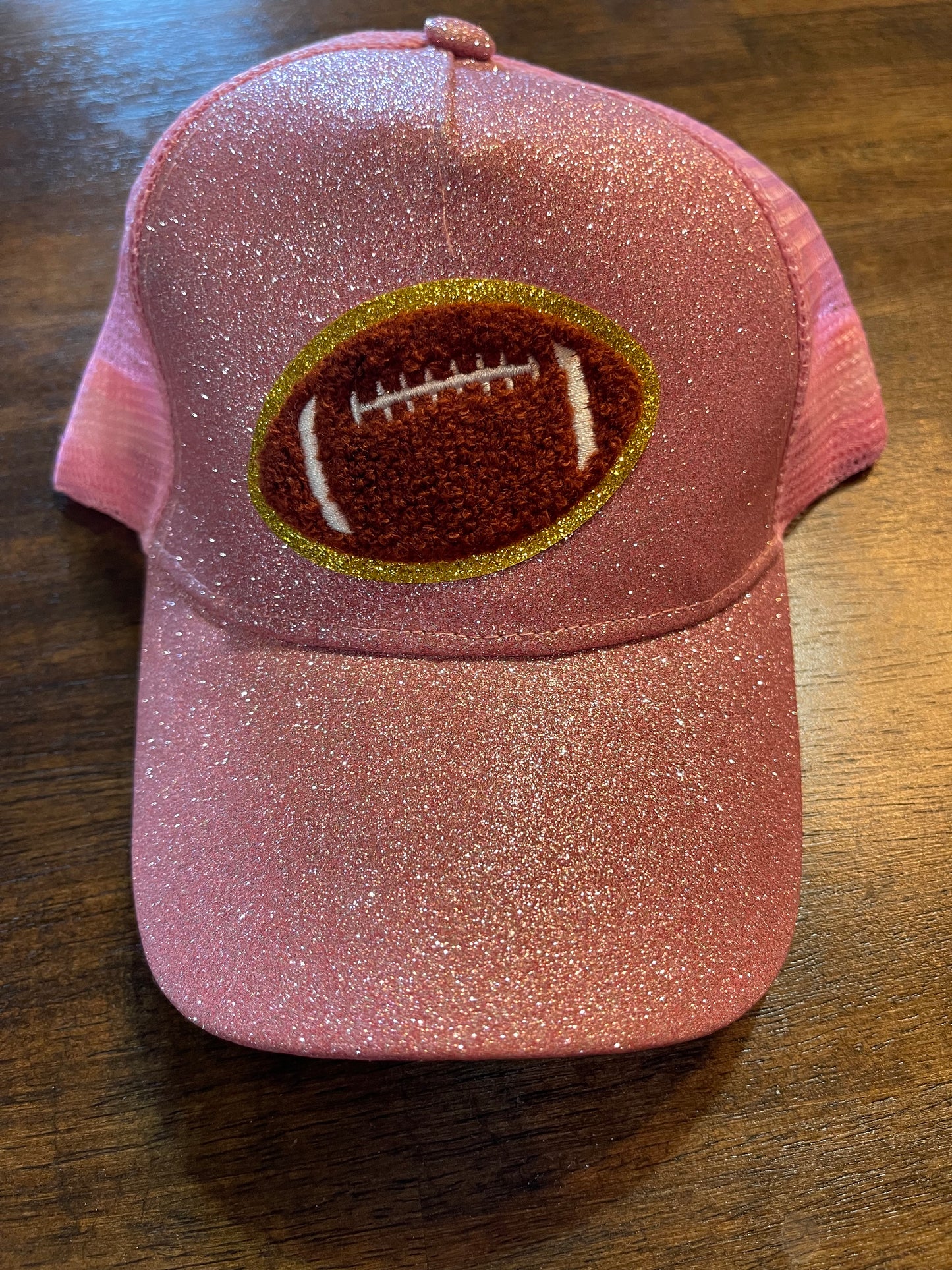 Pink Glitter Football Ponytail Trucker Cap