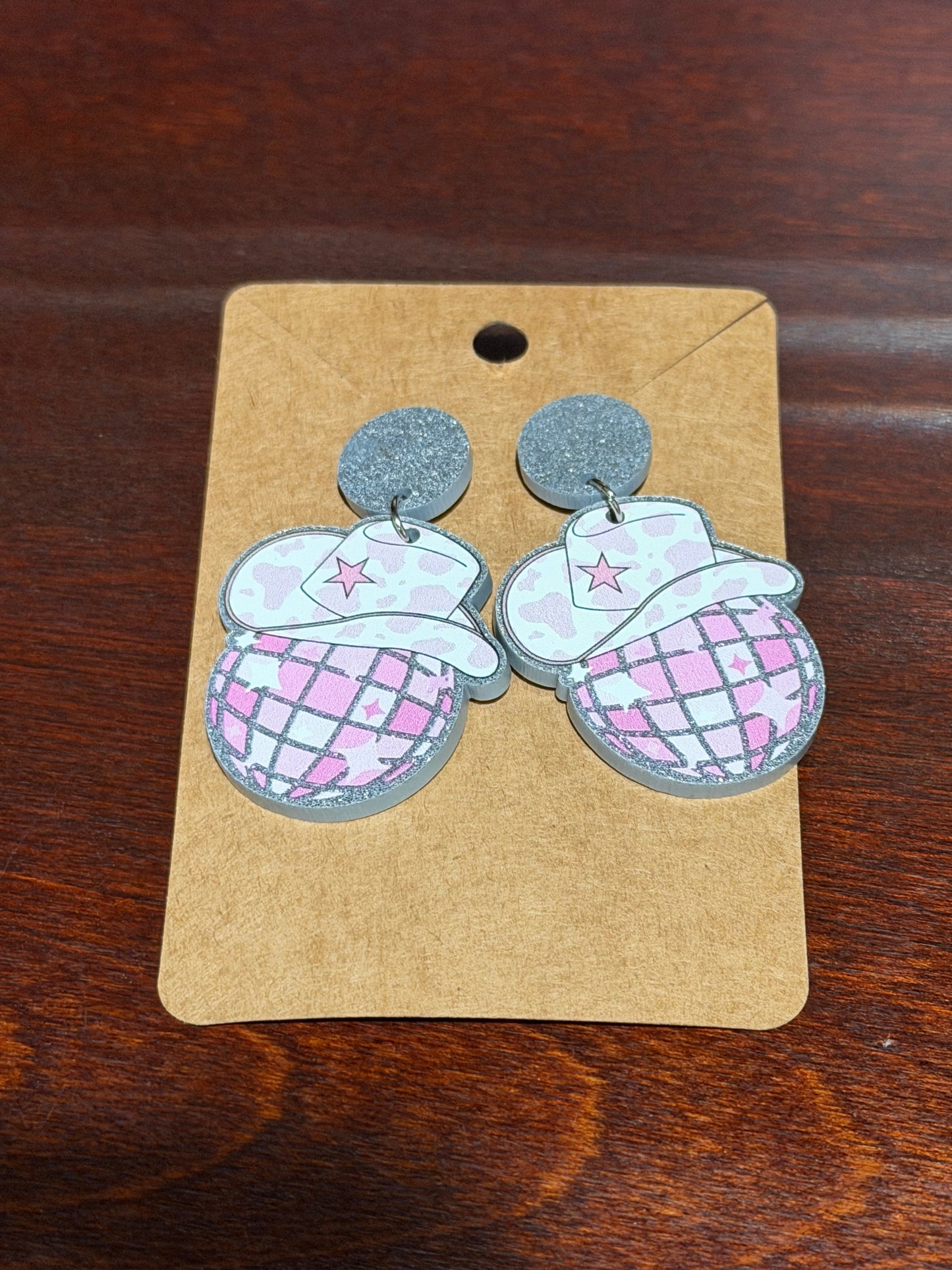 Pink Disco Ball Cowboy Hat Earrings