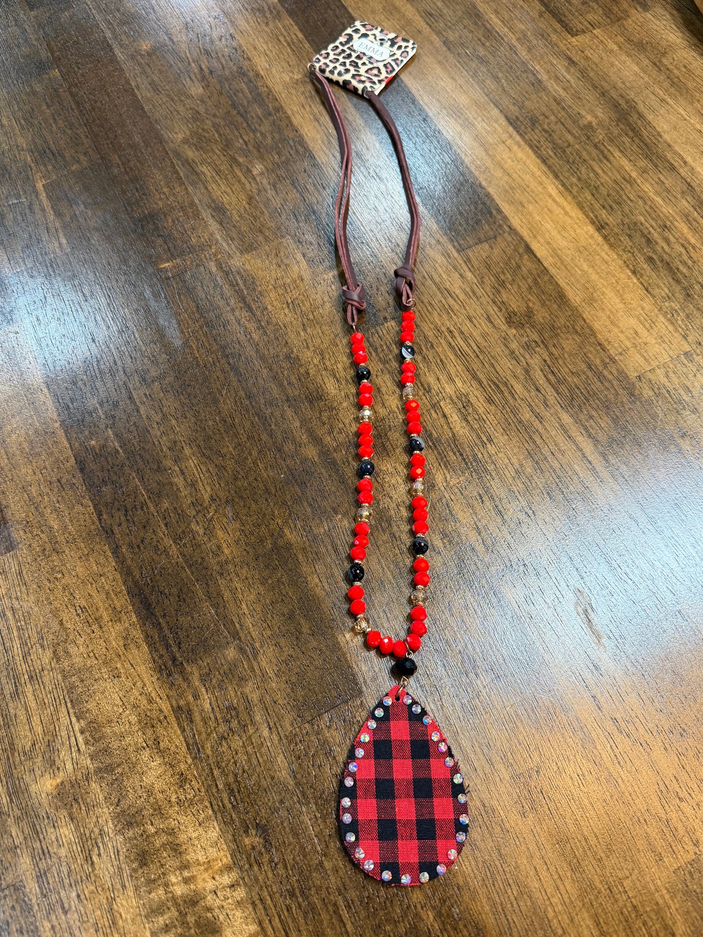 Buffalo Plaid Crystal Bead Necklace with Teardrop Pendant