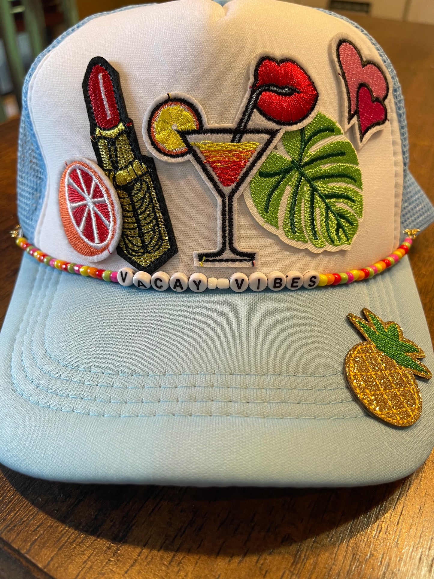 Tropical Light Blue Trucker Cap with Vacay Vibes Cap Chain