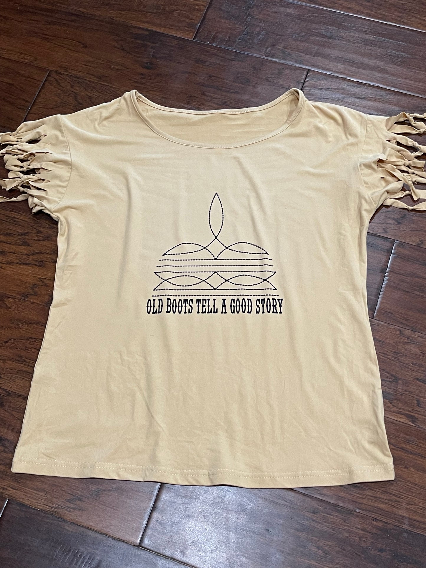 Old Boots Tell A Good Story Fringe Sleeve Tee
