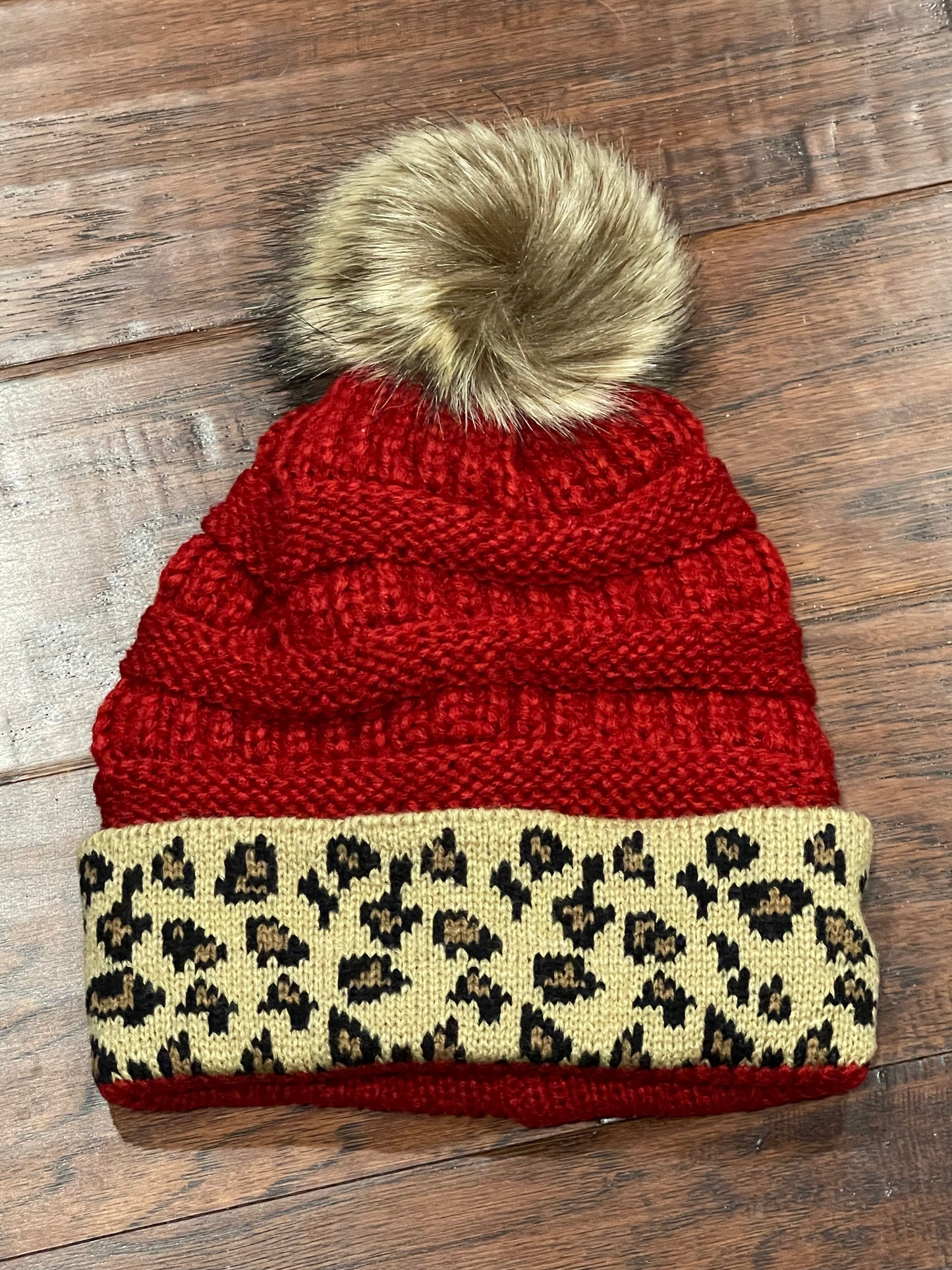 Burgundy Leopard Pom Beanie