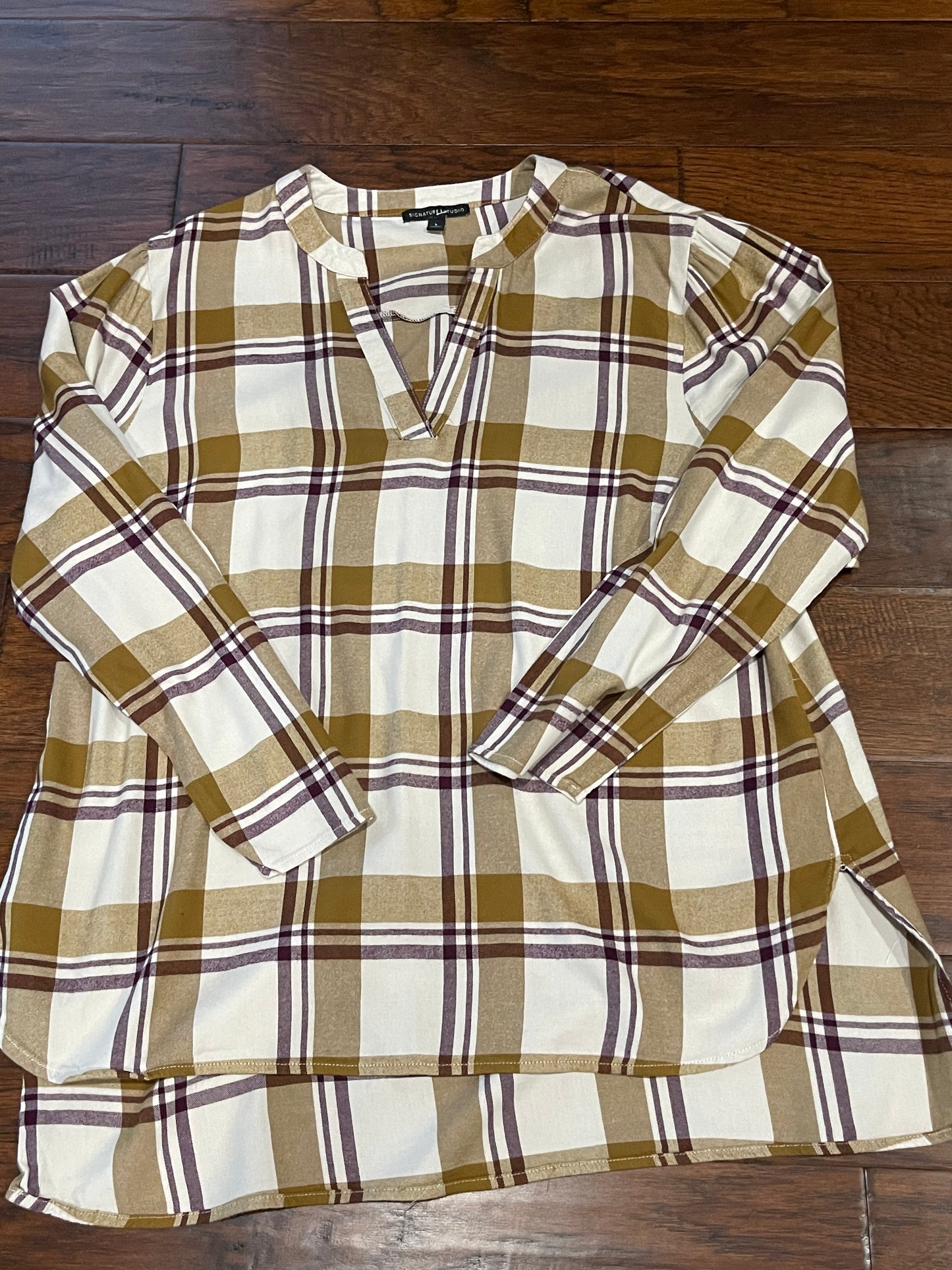 Tan Flannel Large Upcycled V-neck Shirt “Donkeys”