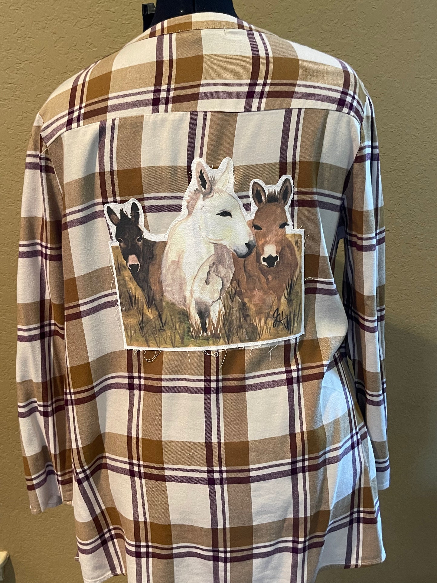 Tan Flannel Large Upcycled V-neck Shirt “Donkeys”