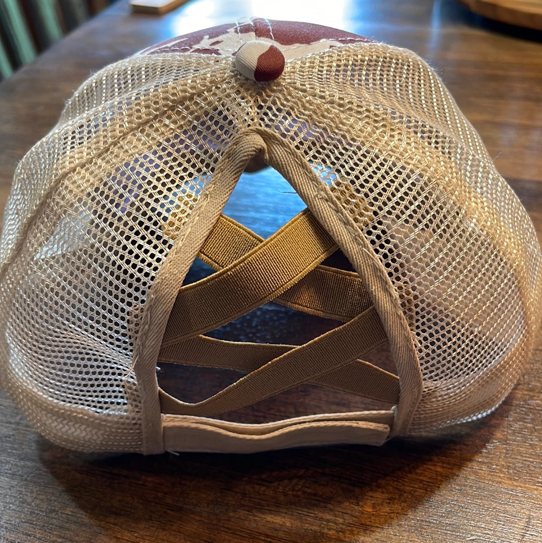 Cow Print Ponytail Trucker Cap with Texas Patch