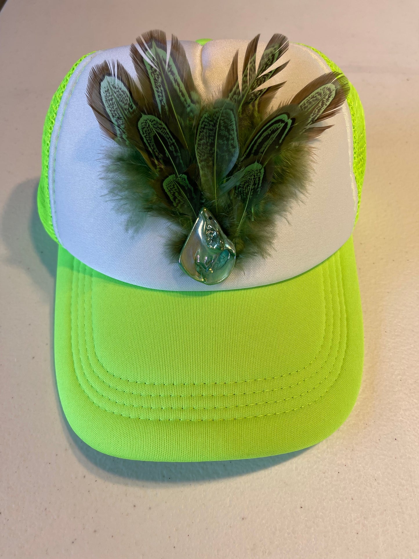 Lime Green Trucker Cap with Feather and Stone