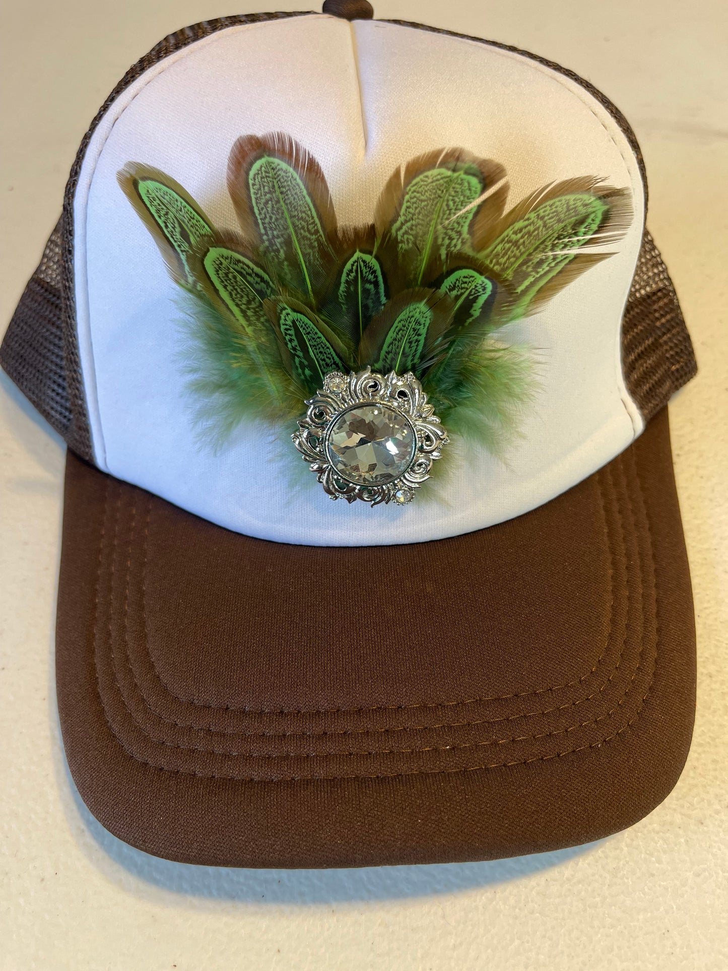 Brown Trucker Cap with Feather and Bling