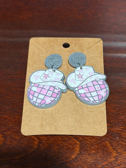 Pink Disco Ball Cowboy Hat Earrings