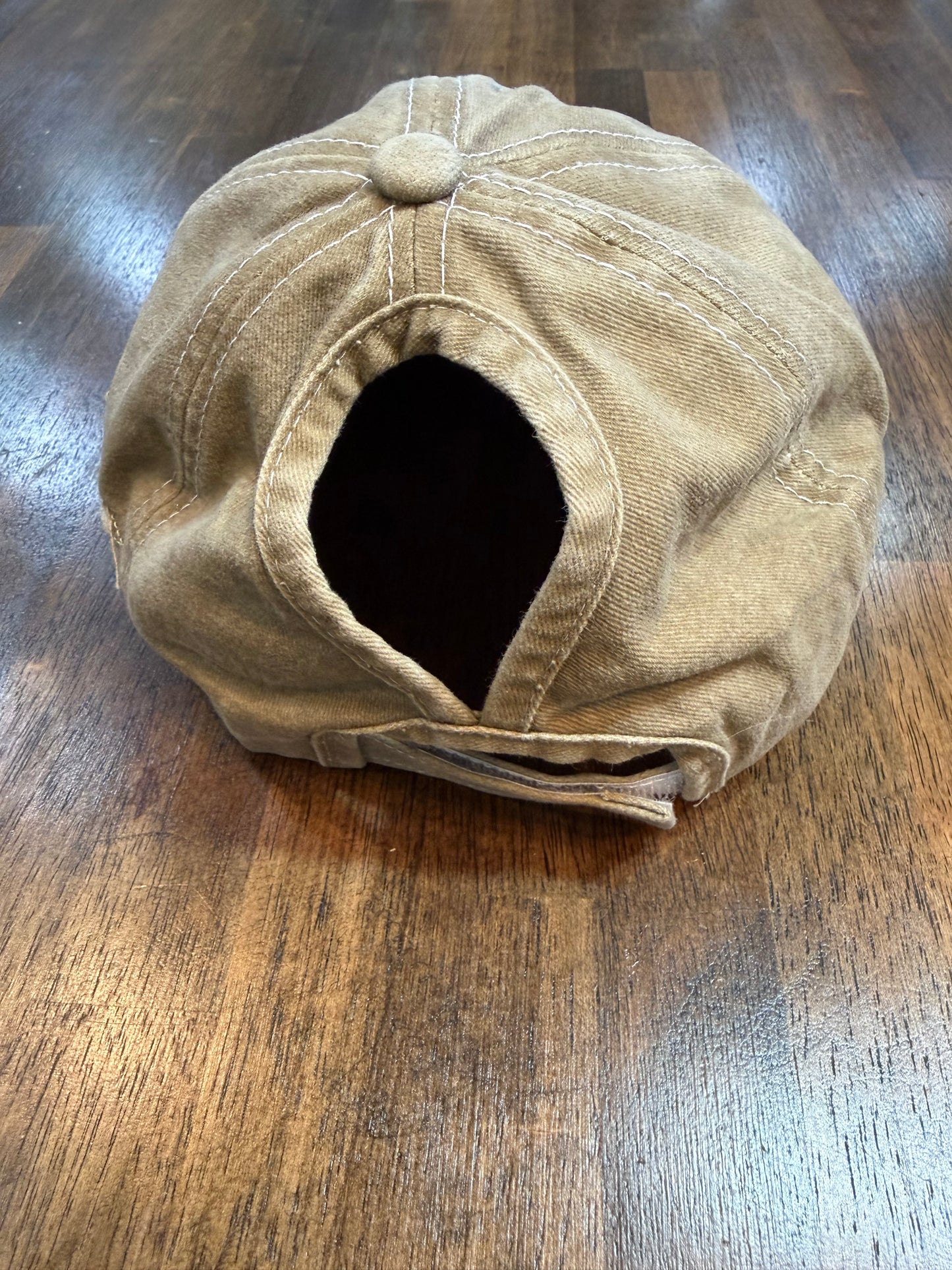 Tan Distressed Ponytail Cap with Glitter Stars