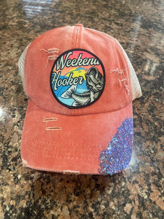 Weekend Hooker Glitter Distressed Ponytail Trucker Cap