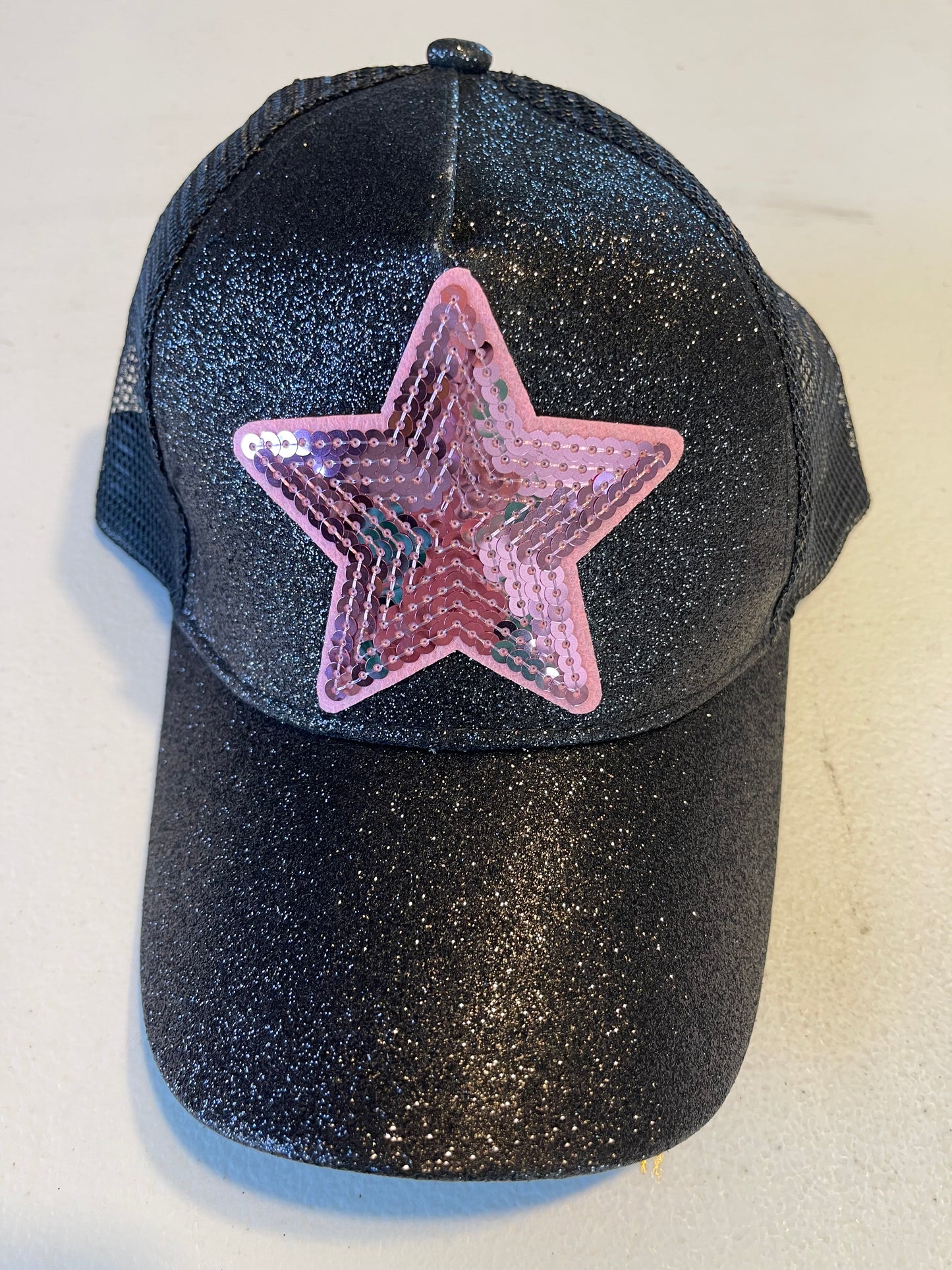 Black Glitter Ponytail Trucker Cap With Pink Sequin Star