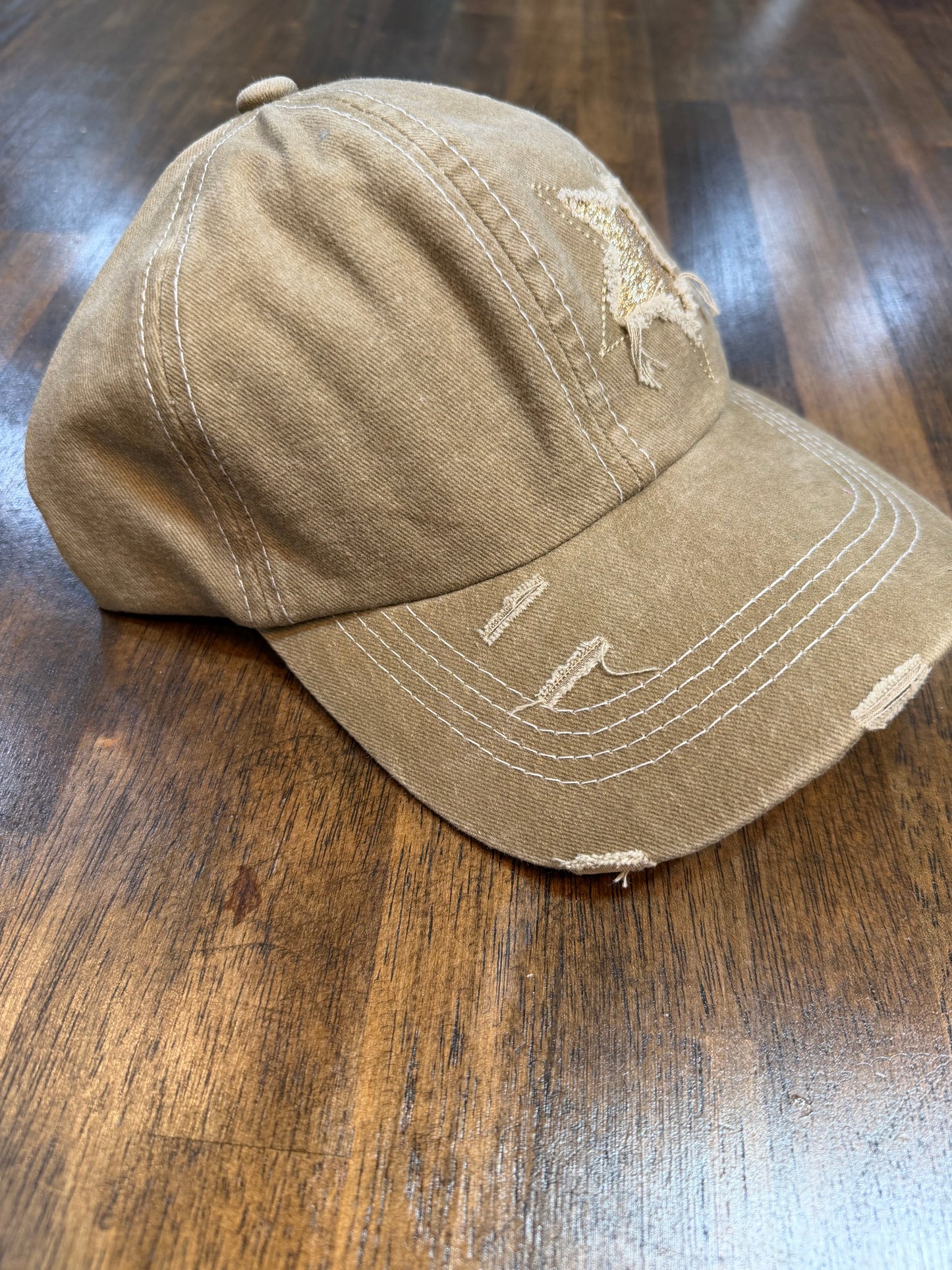 Tan Distressed Ponytail Cap with Glitter Stars