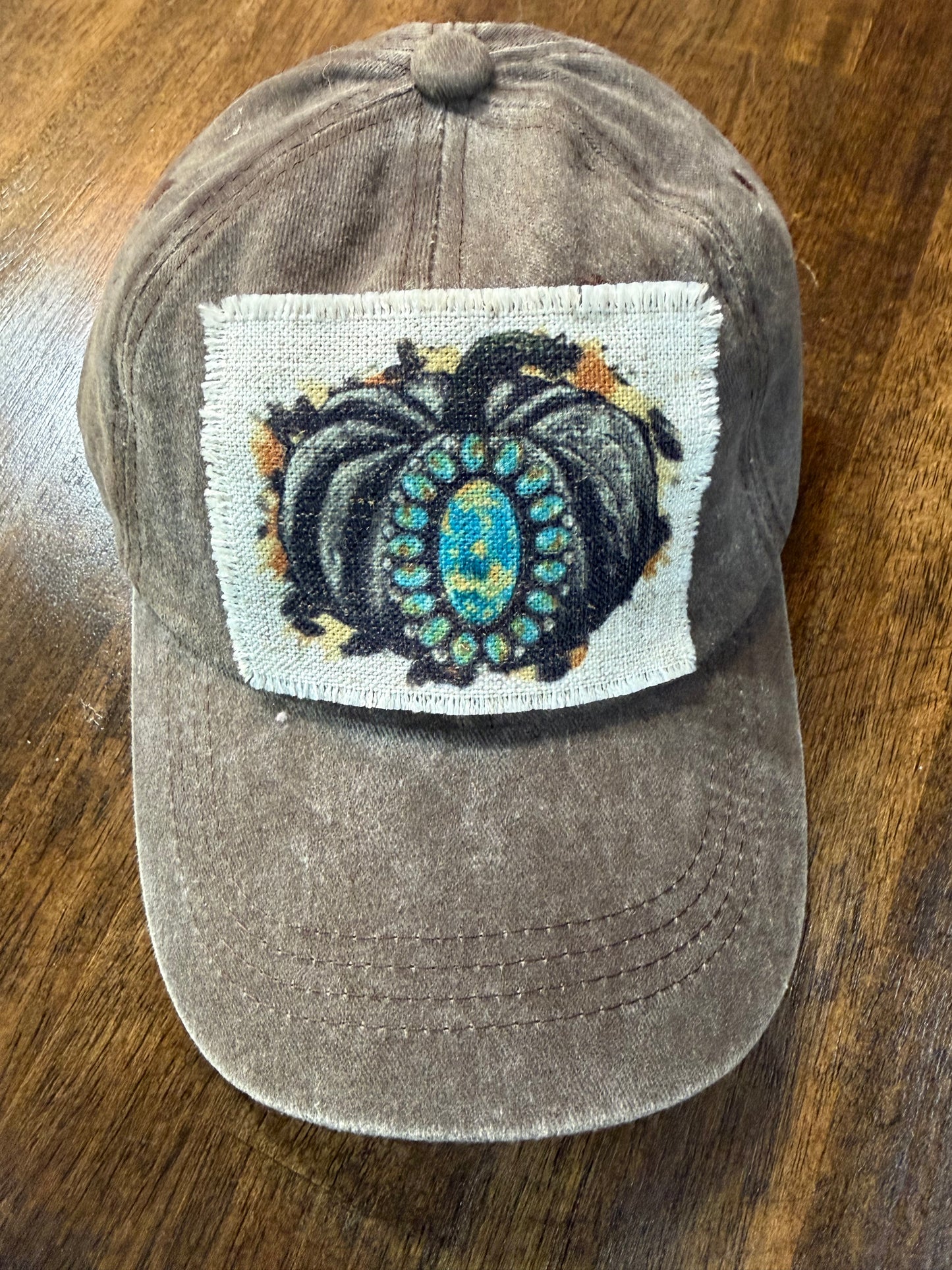 Brown Cap with Pumpkin & Turquoise Patch