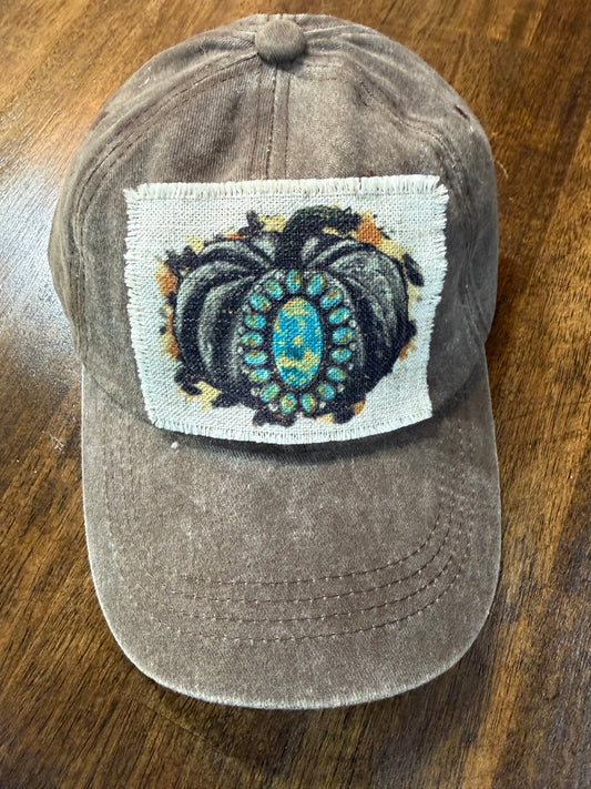 Brown Cap with Pumpkin & Turquoise Patch