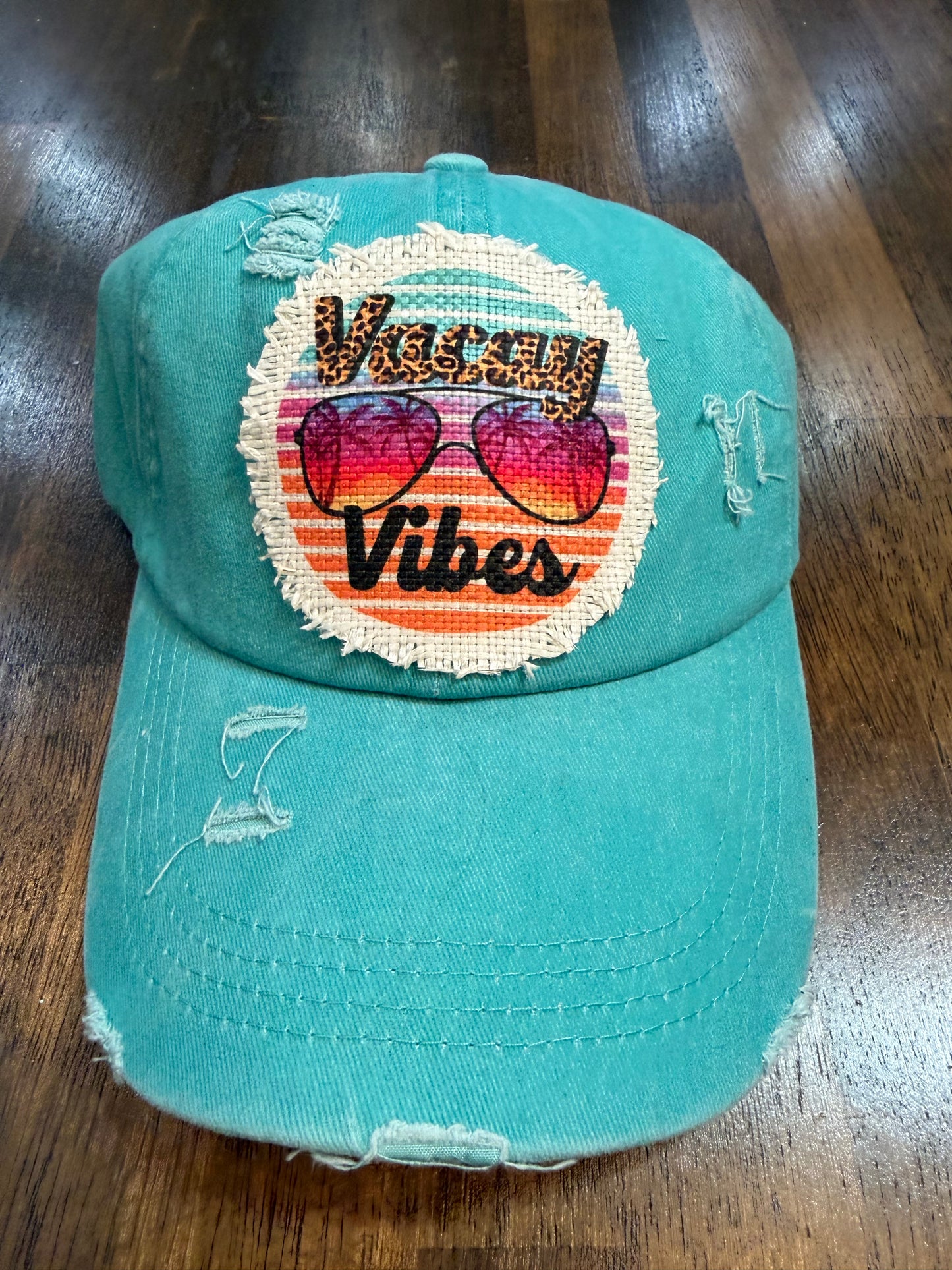 Turquoise Distressed Vacay Vibes Ponytail Cap