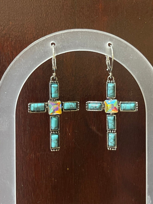 Turquoise Bling Cross Earrings
