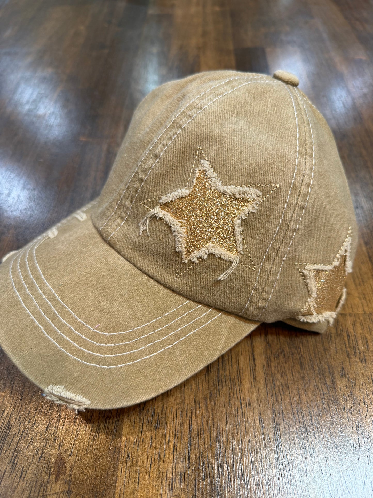 Tan Distressed Ponytail Cap with Glitter Stars