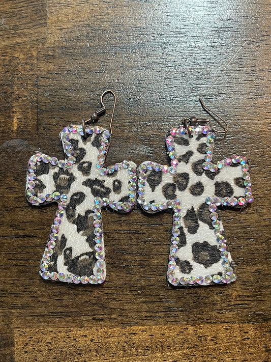 Hair on Hide Leopard and Bling Cross Earrings
