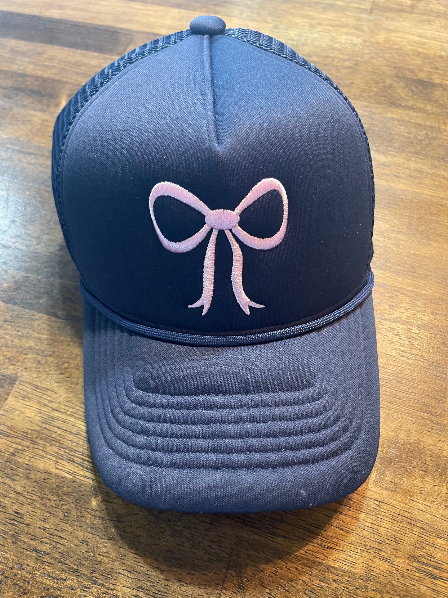 Navy Trucker Cap with Pink Embroidered Bow