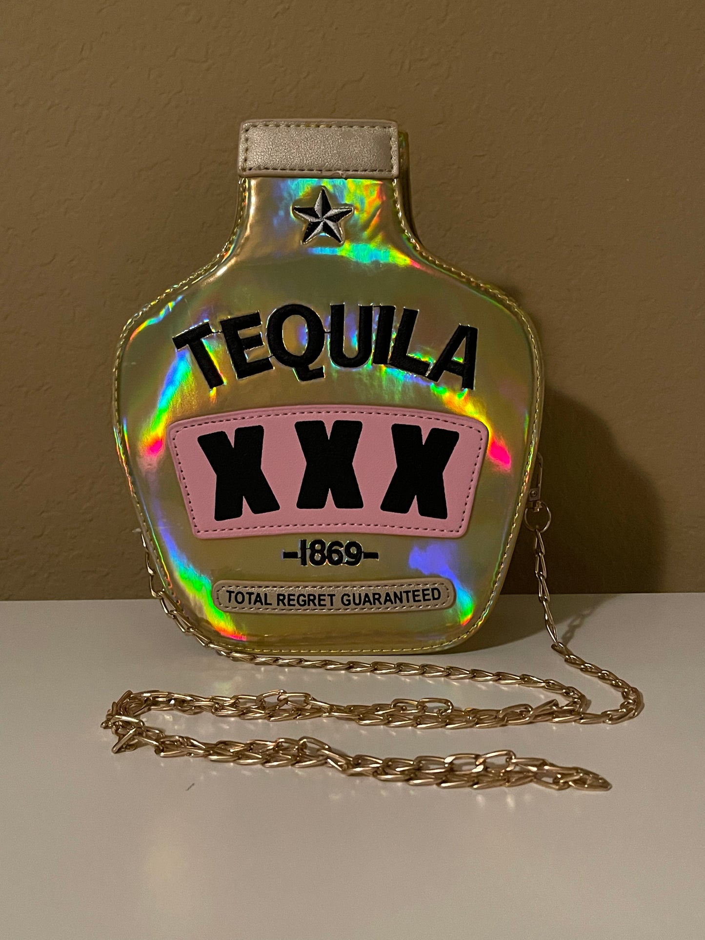 Iridescent Gold Tequila Bottle Crossbody Handbag