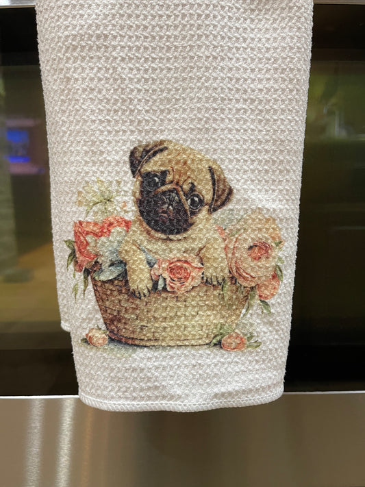 Pug In Basket Waffle Kitchen Towel